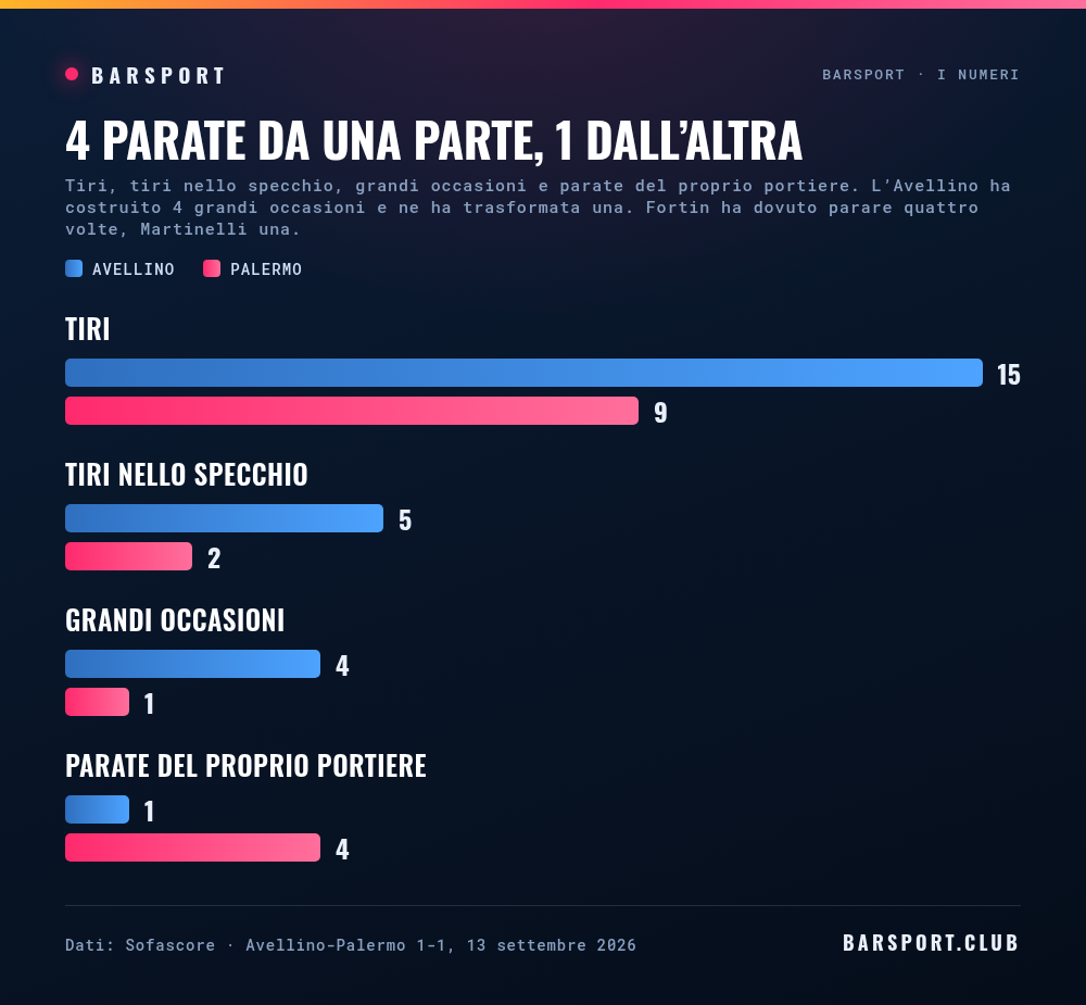 Tiri, tiri nello specchio, grandi occasioni e parate: l'Avellino 15 tiri, 5 in porta, 4 grandi occasioni; il Palermo 9 tiri, 2 in porta, 1 grande occasione; Fortin 4 parate, Martinelli 1